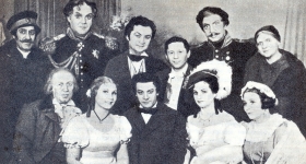 Sergei Yakovlevich Lemeshev with the participants of the play "Eugene Onegin" at the Small Leningrad Opera House. 1950. Photography. (      " "     . 1950 . .) (Belyaev)