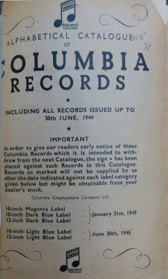 Alphabetical catalogue of Columbia Records, including all records issued up to 30th June, 1944, [1945] (Алфавитный каталог "Колумбия Рекордс", включающий все записи изданные до 30-го июня 1944 г. [1945 г.]) (Wiktor)