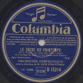 The Rite of Spring, IV.  1 Part: c) "Game of rival cities",  d) "Procession of the wise" - e) "Dance of the earth" (  , IV,  )   ,   )  - - )  ", 1 ), symphony piece (Balet [ru] [fr]Le Sacre du printemps) (Zonofon)